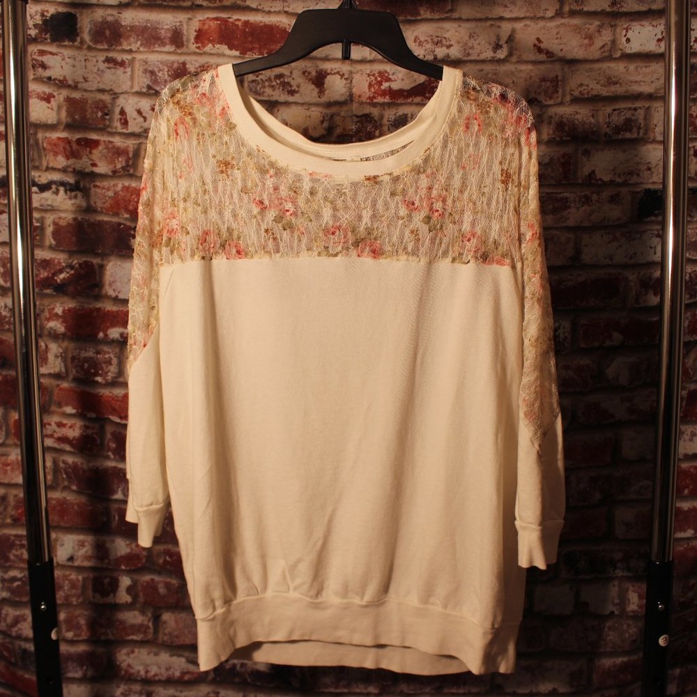 Cream White Lace Sweater Top with Floral Design